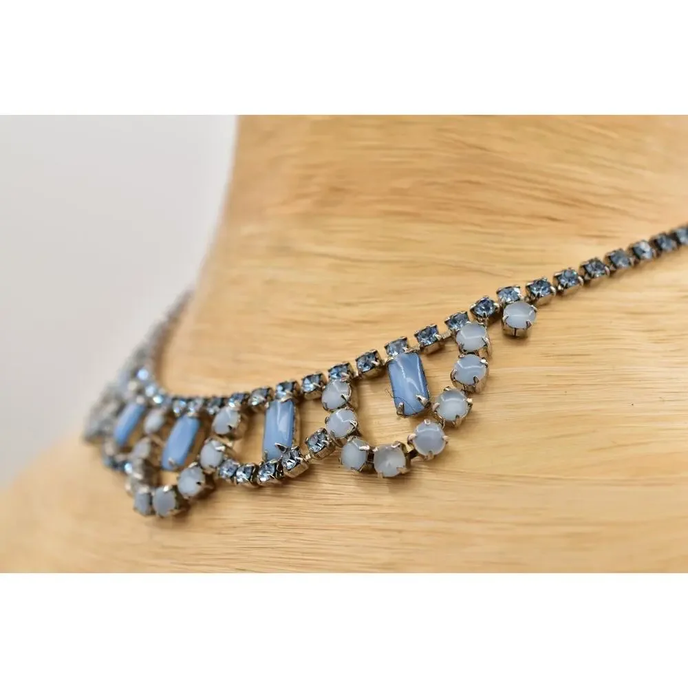 Vintage Crystal Collar Necklace Cabochon Blue Prong Rhinestone Silver 60s Bin3D